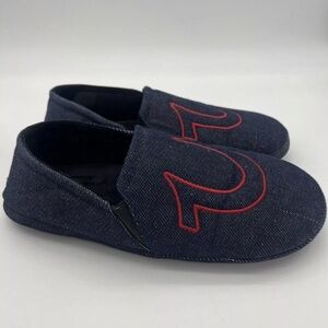 TRUE RELIGION Slippers Mens Size 9 - 10 Blue Denim Red Logo Slip On Hard Bottom
